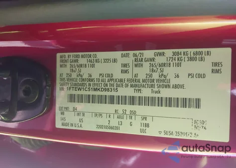 2021 Ford F-150 Xlt from USA, damaged, VIN 1FTEW1C51MKD98315